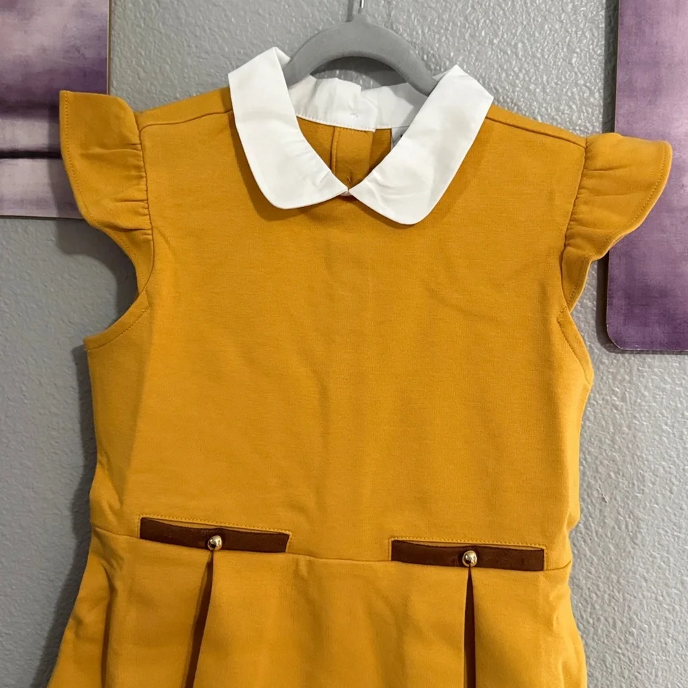 Janie and Jack flutter Sleeve Ponte dress size 8 cotton golden yellow white new
